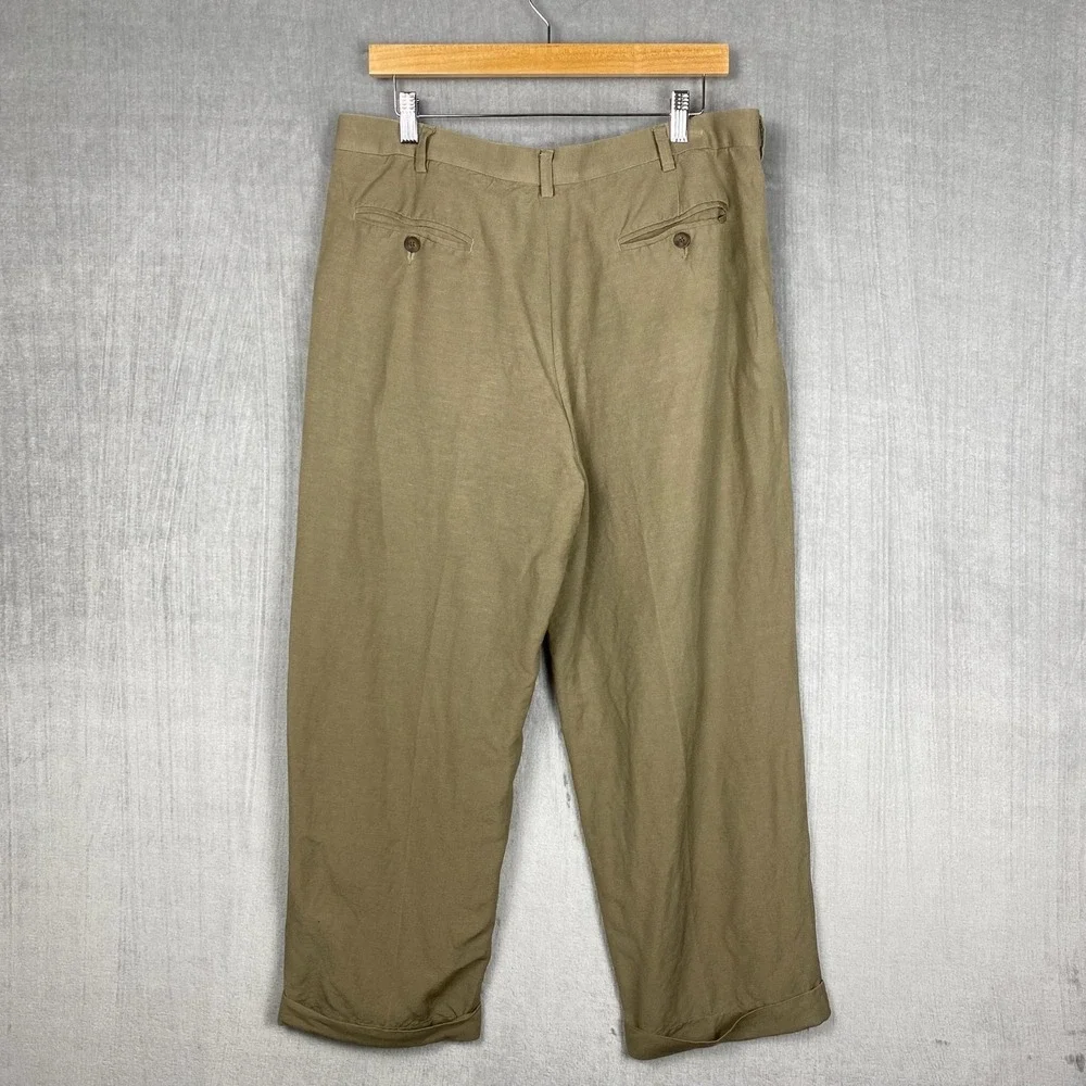 Vtg Perry Ellis Trousers Mens 34x25 Linen Blend Pleated Cuffed Khaki Coastal